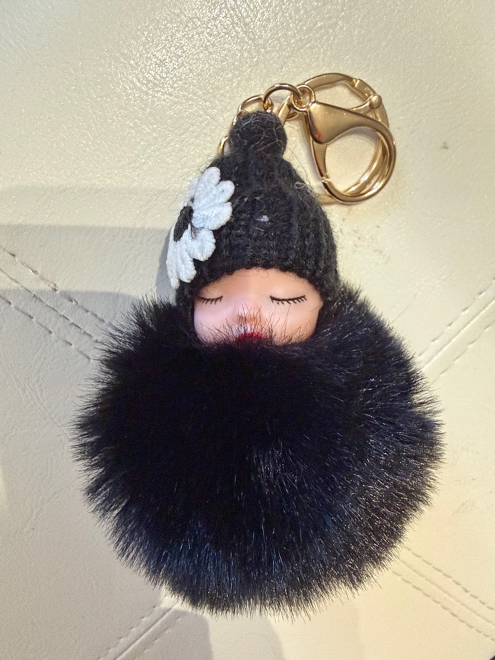 Black Pom-Puff Doll Keychain with Knit Hat